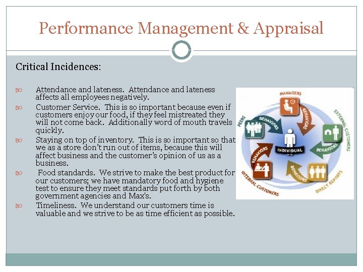 Performance Management & Appraisal Critical Incidences: Attendance and lateness affects all employees negatively. Customer