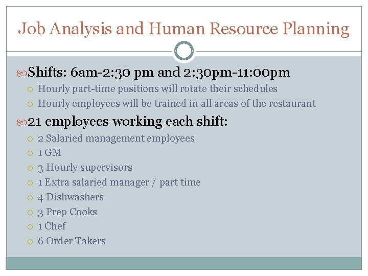 Job Analysis and Human Resource Planning Shifts: 6 am-2: 30 pm and 2: 30
