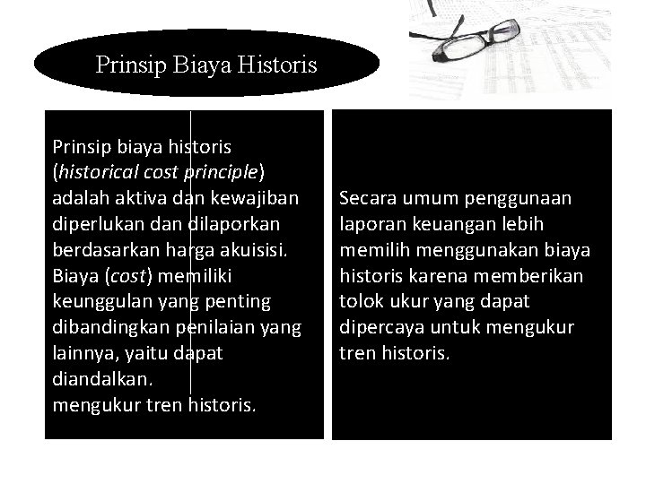 Prinsip Biaya Historis Prinsip biaya historis (historical cost principle) adalah aktiva dan kewajiban diperlukan