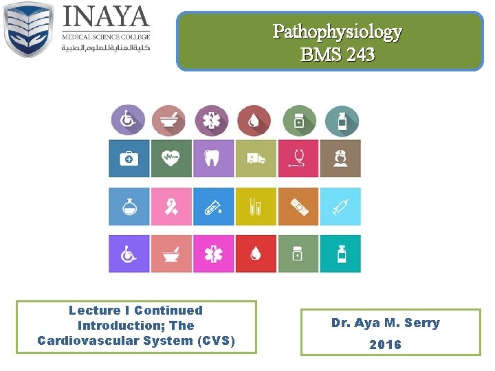 Pathophysiology BMS 243 Lecture I Continued Introduction; The Cardiovascular System (CVS) Dr. Aya M.