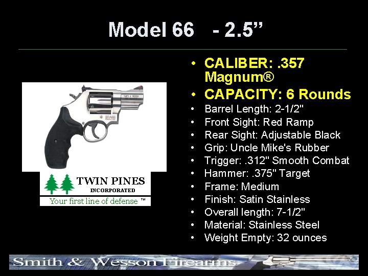 Model 66 - 2. 5” • CALIBER: . 357 Magnum® • CAPACITY: 6 Rounds