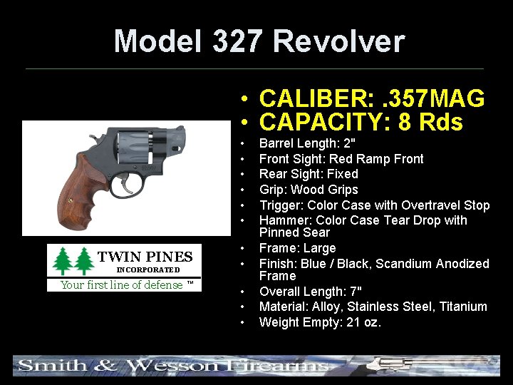 Model 327 Revolver • CALIBER: . 357 MAG • CAPACITY: 8 Rds • •