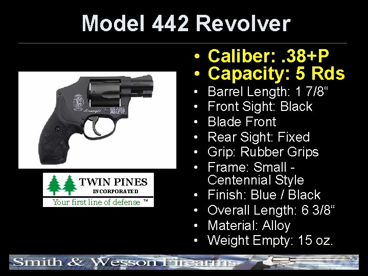 Model 442 Revolver • Caliber: . 38+P • Capacity: 5 Rds • • •