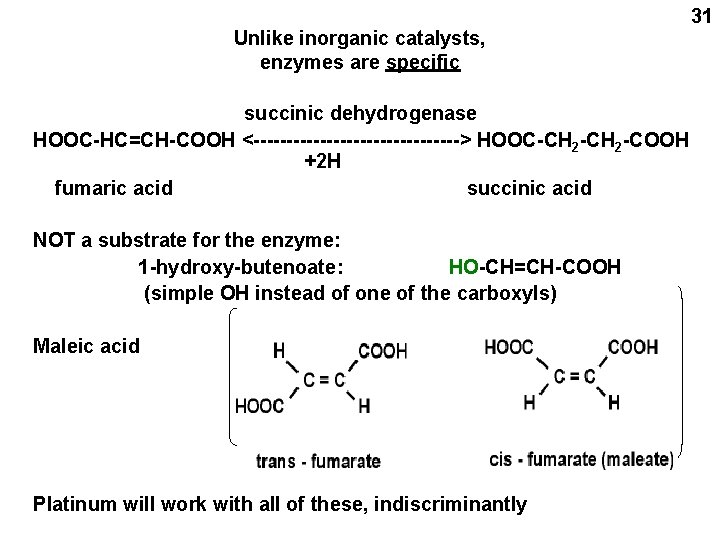 Unlike inorganic catalysts, enzymes are specific succinic dehydrogenase HOOC-HC=CH-COOH <----------------> HOOC-CH 2 -COOH +2