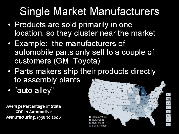Single Market Manufacturers • Products are sold primarily in one location, so they cluster
