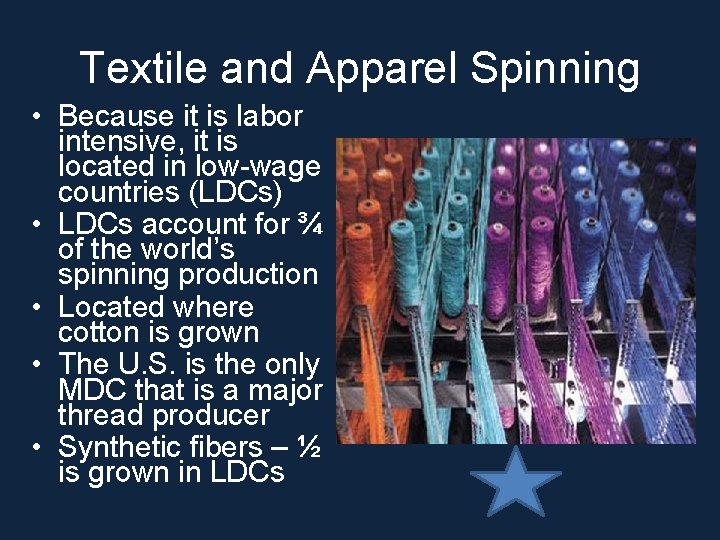Textile and Apparel Spinning • Because it is labor intensive, it is located in