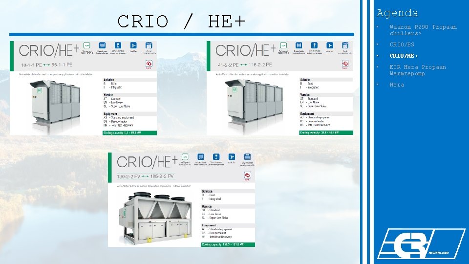 CRIO / HE+ Agenda • Waarom R 290 Propaan chillers? • CRIO/BS • CRIO/HE+