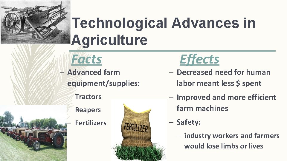 Technological Advances in Agriculture Facts Effects – Advanced farm equipment/supplies: – Tractors – Decreased