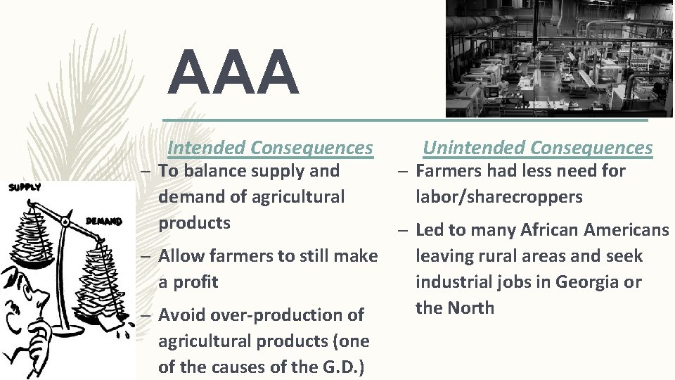 AAA Intended Consequences – To balance supply and demand of agricultural products Unintended Consequences