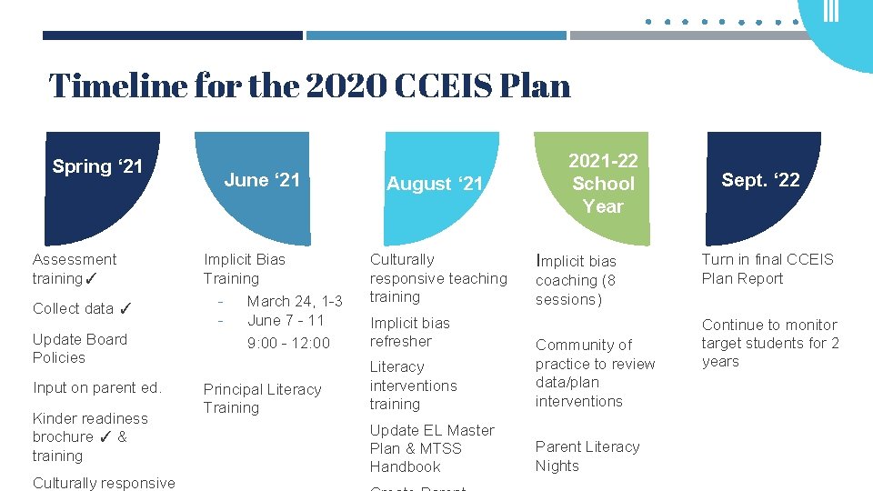 Timeline for the 2020 CCEIS Plan Spring ‘ 21 Assessment training✓ Collect data ✓