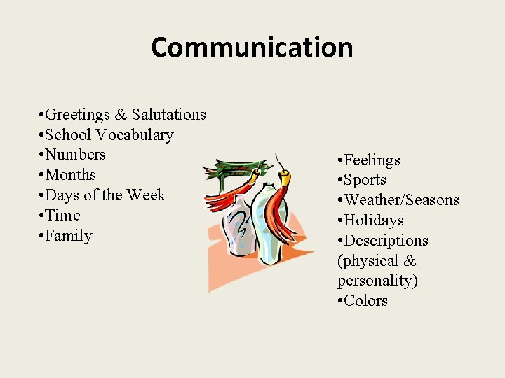 Communication • Greetings & Salutations • School Vocabulary • Numbers • Months • Days