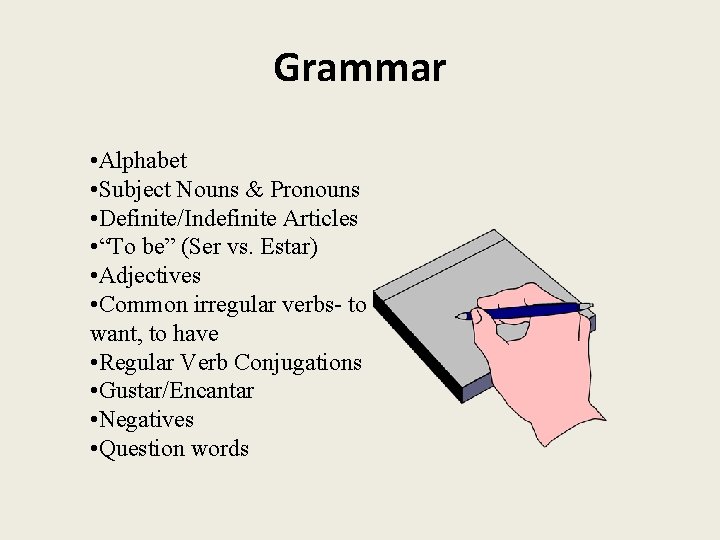 Grammar • Alphabet • Subject Nouns & Pronouns • Definite/Indefinite Articles • “To be”