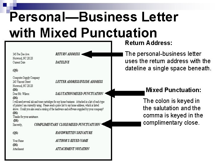 Personal—Business Letter with Mixed Punctuation Return Address: The personal-business letter uses the return address