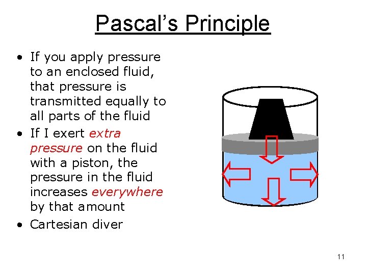 Pascal’s Principle • If you apply pressure to an enclosed fluid, that pressure is