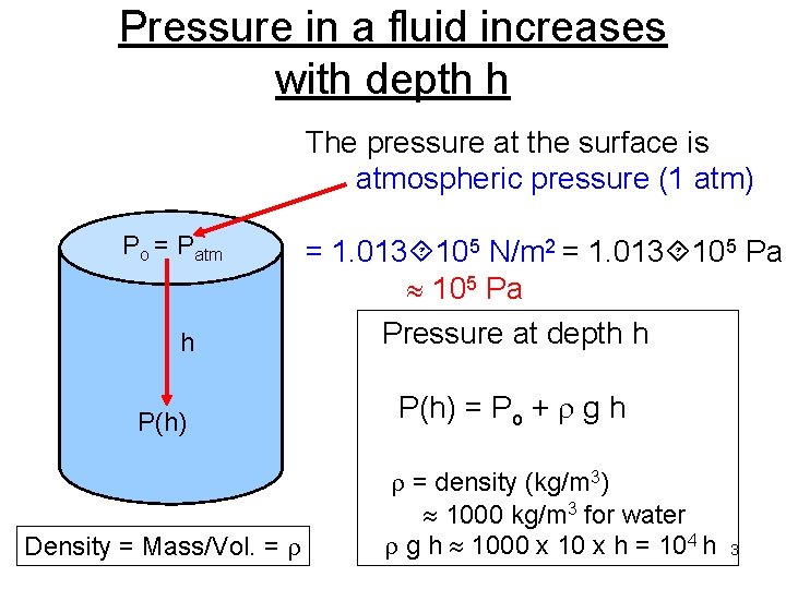 Pressure in a fluid increases with depth h The pressure at the surface is