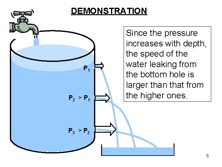 DEMONSTRATION P 1 P 2 > P 1 Since the pressure increases with depth,