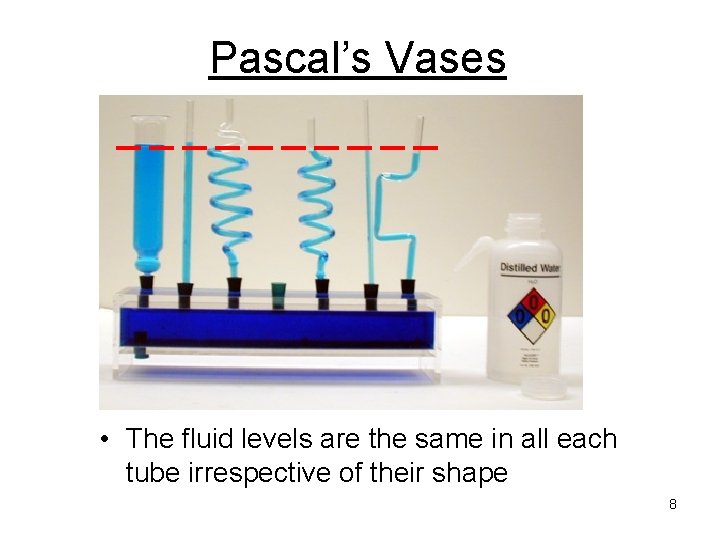 Pascal’s Vases • The fluid levels are the same in all each tube irrespective