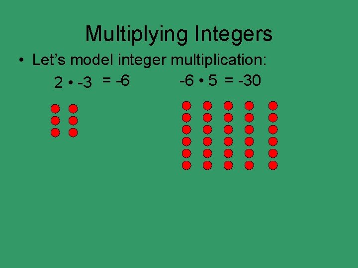 Multiplying Integers • Let’s model integer multiplication: -6 • 5 = -30 2 •