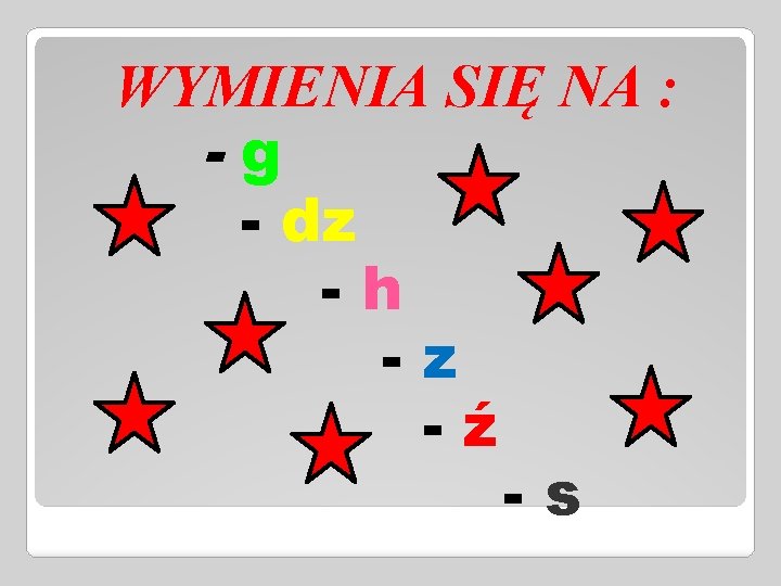 WYMIENIA SIĘ NA : -g - dz -h -z -ź -s 