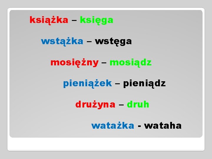 książka – księga wstążka – wstęga mosiężny – mosiądz pieniążek – pieniądz drużyna –