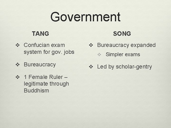 Government TANG SONG v Confucian exam v Bureaucracy expanded system for gov. jobs v