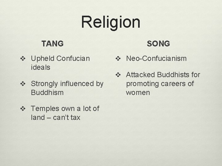 Religion TANG v Upheld Confucian ideals v Strongly influenced by Buddhism v Temples own