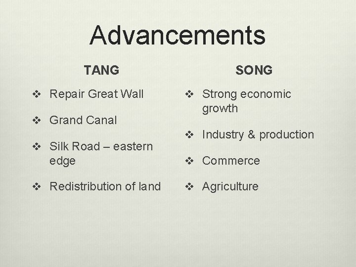 Advancements TANG v Repair Great Wall v Grand Canal v Silk Road – eastern