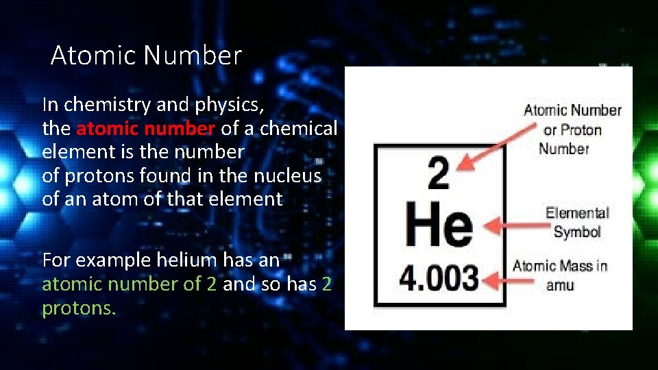 Atomic Number In chemistry and physics, the atomic number of a chemical element is