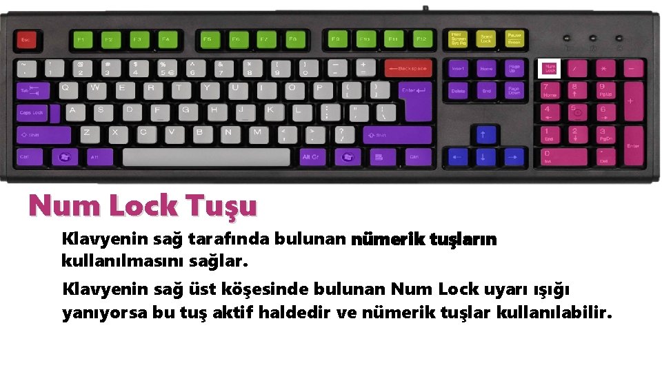 Num Lock Tuşu Klavyenin sağ tarafında bulunan nümerik tuşların kullanılmasını sağlar. Klavyenin sağ üst