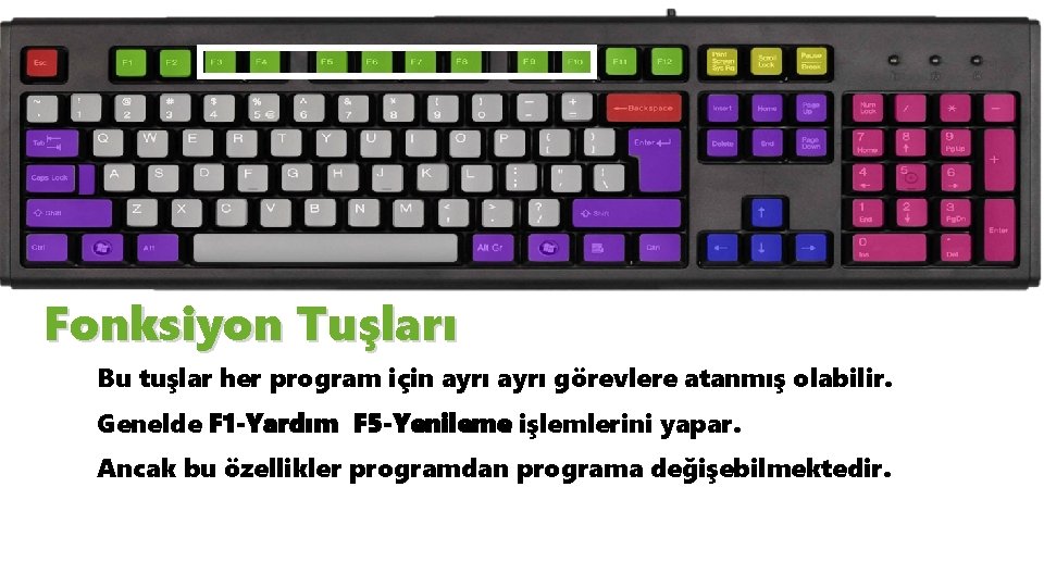 Fonksiyon Tuşları Bu tuşlar her program için ayrı görevlere atanmış olabilir. Genelde F 1