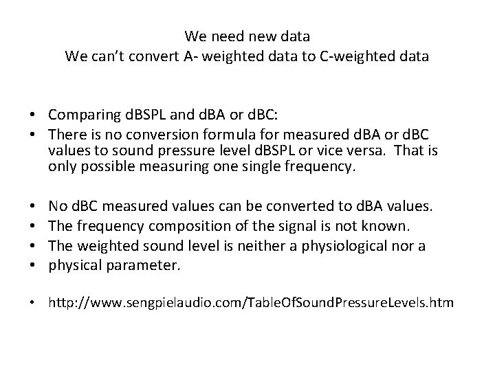 We need new data We can’t convert A- weighted data to C-weighted data •