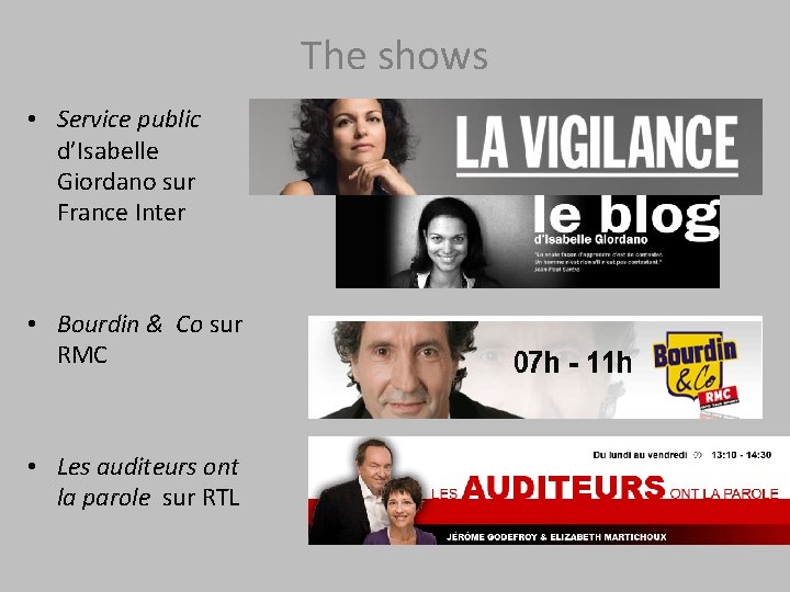 The shows • Service public d’Isabelle Giordano sur France Inter • Bourdin & Co