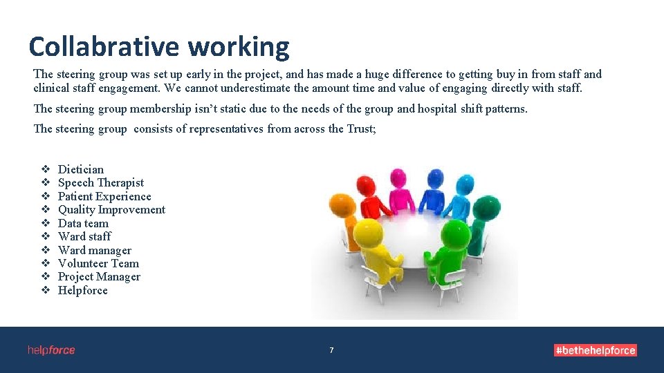 Collabrative working The steering group was set up early in the project, and has