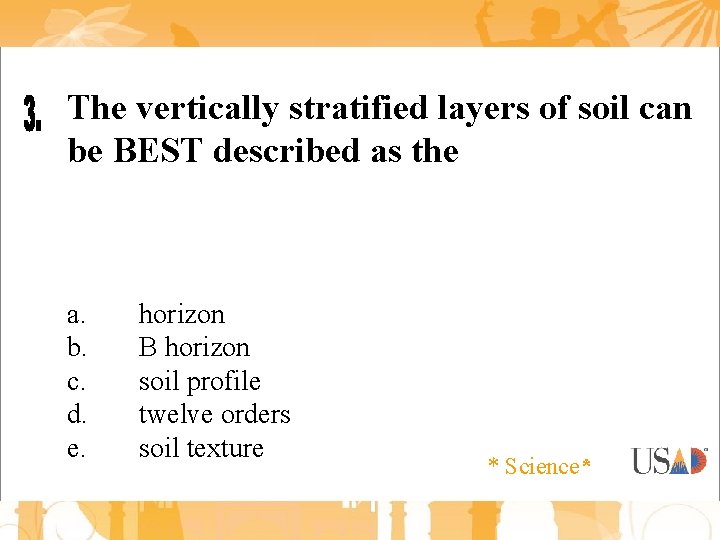 The vertically stratified layers of soil can be BEST described as the a. b.