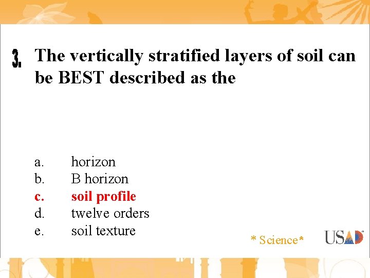 The vertically stratified layers of soil can be BEST described as the a. b.