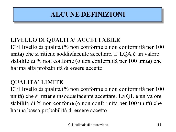 ALCUNE DEFINIZIONI LIVELLO DI QUALITA’ ACCETTABILE E’ il livello di qualità (% non conforme