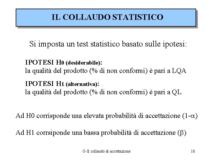 IL COLLAUDO STATISTICO Si imposta un test statistico basato sulle ipotesi: IPOTESI H 0