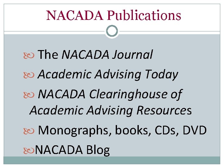 NACADA Publications The NACADA Journal Academic Advising Today NACADA Clearinghouse of Academic Advising Resources