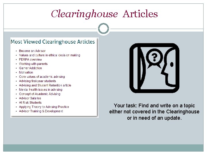 Clearinghouse Articles Your task: Find and write on a topic either not covered in