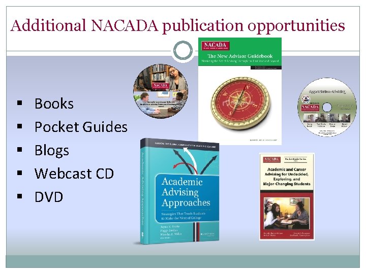 Additional NACADA publication opportunities § § § Books Pocket Guides Blogs Webcast CD DVD