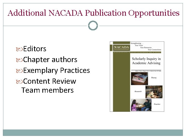 Additional NACADA Publication Opportunities Editors Chapter authors Exemplary Practices Content Review Team members 