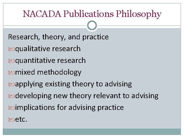 NACADA Publications Philosophy Research, theory, and practice qualitative research quantitative research mixed methodology applying
