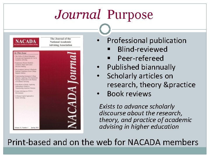 Journal Purpose • Professional publication § Blind-reviewed § Peer-refereed • Published biannually • Scholarly