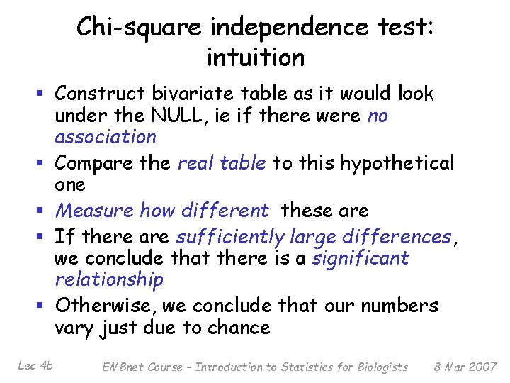 Chi-square independence test: intuition § Construct bivariate table as it would look under the