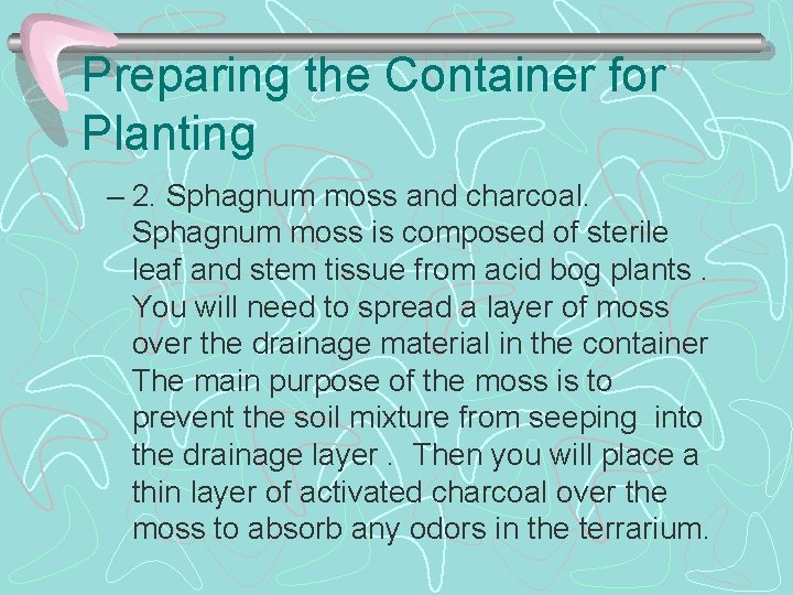 Preparing the Container for Planting – 2. Sphagnum moss and charcoal. Sphagnum moss is