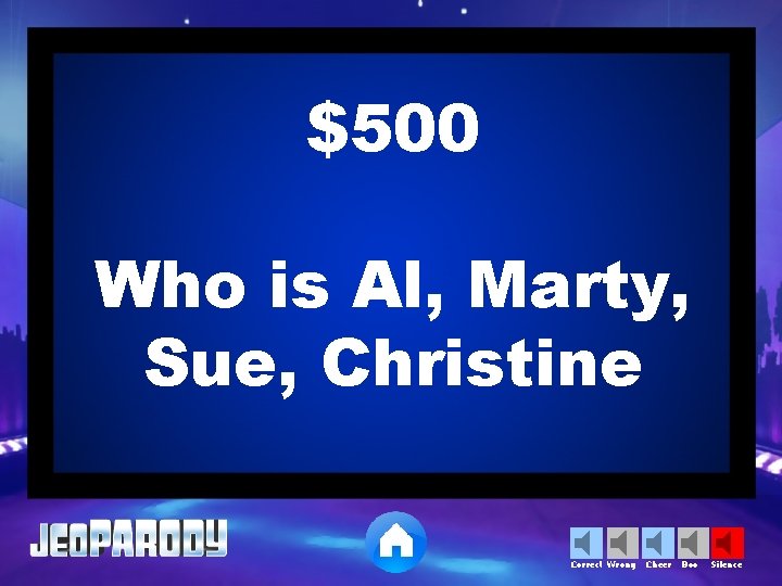 $500 Who is Al, Marty, Sue, Christine Correct Wrong Cheer Boo Silence 