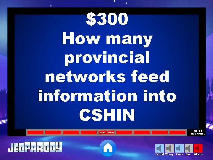 $300 How many provincial networks feed information into CSHIN GO TO RESPONSE Start Timer
