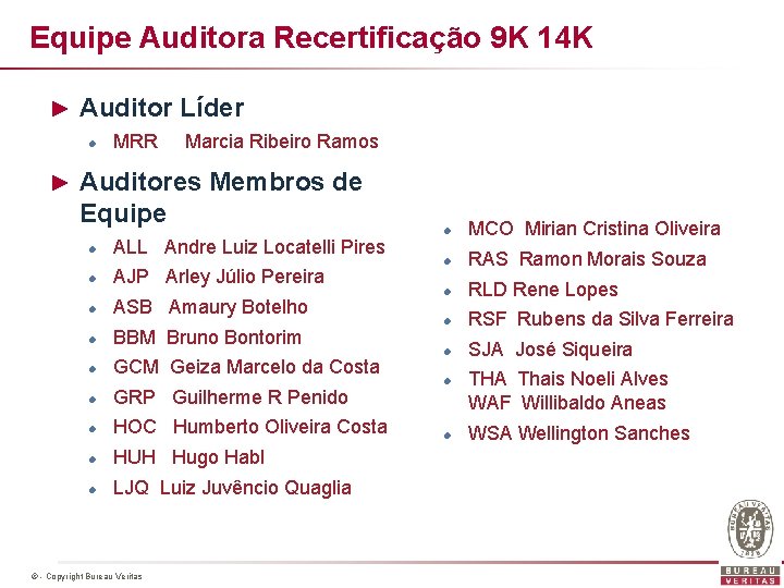 Equipe Auditora Recertificação 9 K 14 K ► Auditor Líder l MRR Marcia Ribeiro