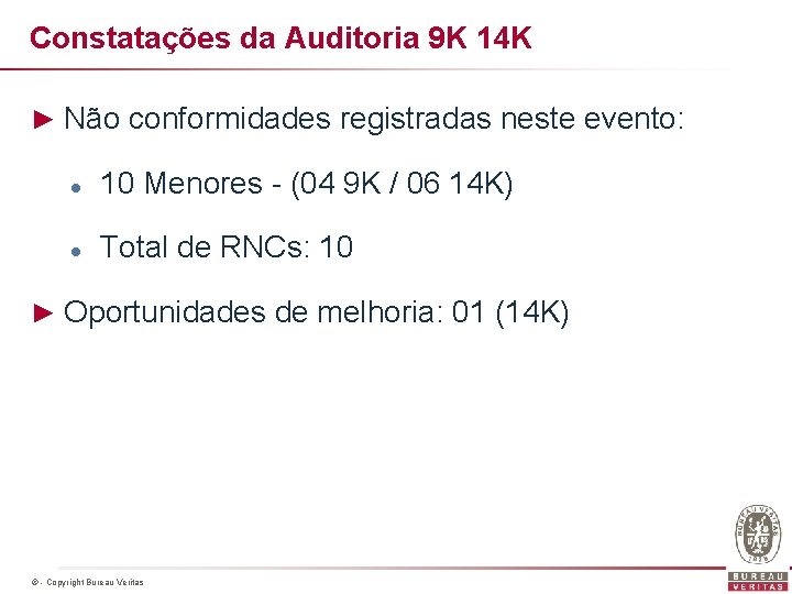 Constatações da Auditoria 9 K 14 K ► Não conformidades registradas neste evento: l