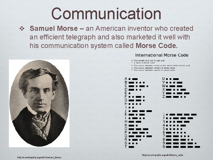 Communication v Samuel Morse – an American inventor who created an efficient telegraph and